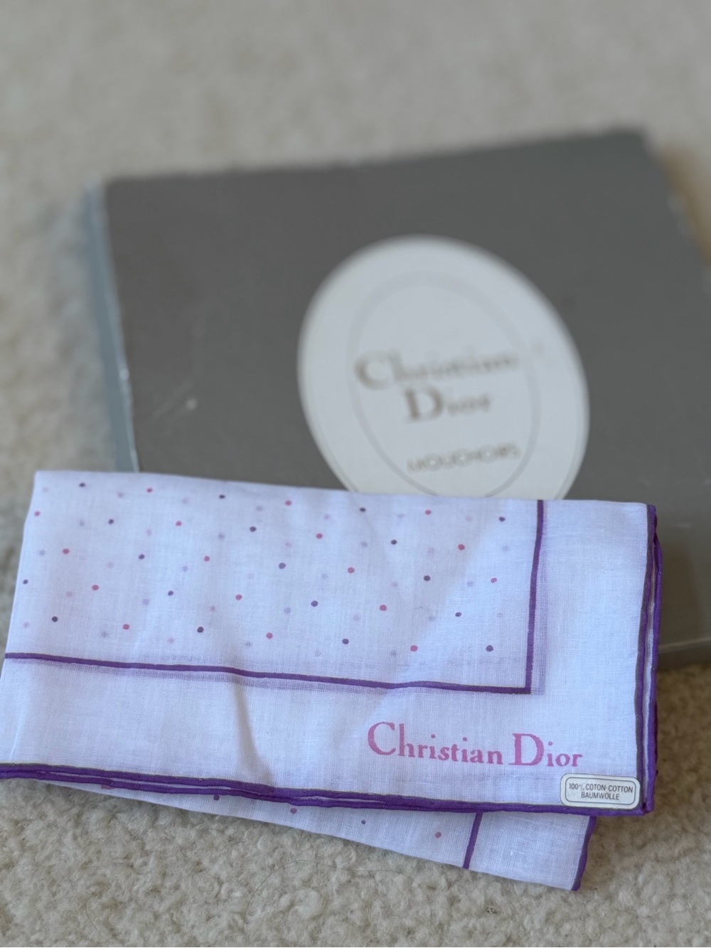 Vintage Christian Dior White Purple Polka Dot Cotton Handkerchief Pocket Square